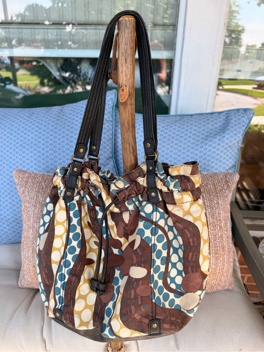 Patterned Drawstring Shoulder Bag in Brown, Cream & Teal